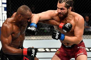 ABU DHABI, UNITED ARAB EMIRATES - JULY 12: (R-L) Jorge Masvidal punches Kamaru Usman of Nigeria in their UFC welterweight championship fight during the UFC 251 event at Flash Forum on UFC Fight Island on July 12, 2020 on Yas Island, Abu Dhabi, United Arab Emirates. (Photo by Jeff Bottari/Zuffa LLC)