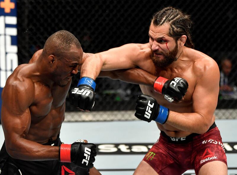 ABU DHABI, UNITED ARAB EMIRATES - JULY 12: (R-L) Jorge Masvidal punches Kamaru Usman of Nigeria in their UFC welterweight championship fight during the UFC 251 event at Flash Forum on UFC Fight Island on July 12, 2020 on Yas Island, Abu Dhabi, United Arab Emirates. (Photo by Jeff Bottari/Zuffa LLC)