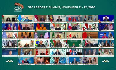 This handout photo provided by G20 Riyadh Summit, shows Saudi King Salman, center, and the rest of world leaders during a virtual G20 summit hosted by Saudi Arabia and held over video conference amid the Covid-19 pandemic, in Riyadh, Saudi Arabia, Saturday, Nov. 21, 2020. (G20 Riyadh Summit via AP)