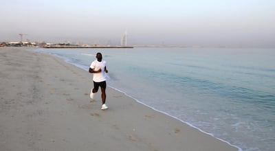 Souleymane Ghani, 36-year-old ultra-marathon runner during his run in Dubai. Suhail Tather / The National 
