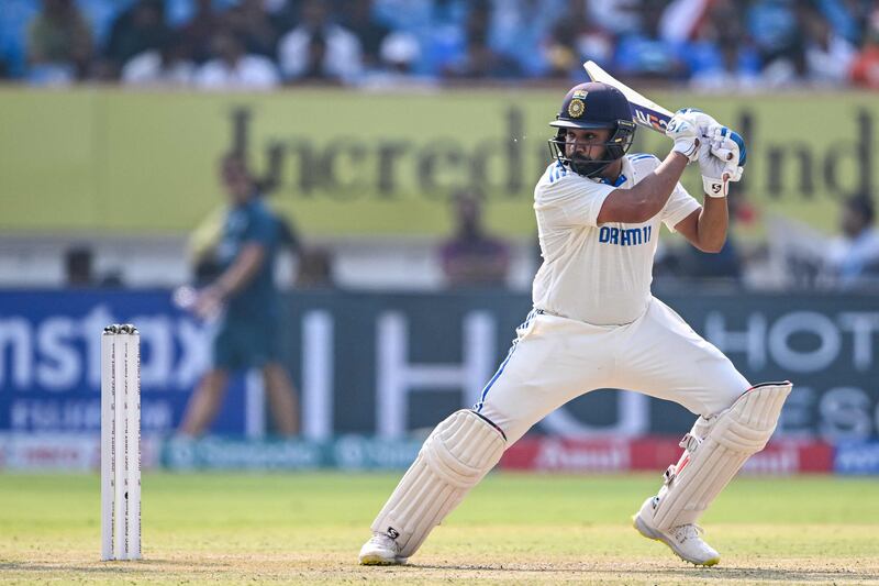 India captain Rohit Sharma scored a century on the first day of the third Test against England at the Niranjan Shah Stadium in Rajkot on Thursday, February 15, 2024. AFP