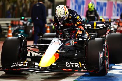 Second place qualifier Max Verstappen climbs from his car in Bahrain. Getty