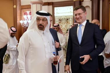 Saudi energy Minister Khalid Al Falih, left with his Russian counterpart Alexander Novak the Opec+ technical committee meeting in Jeddah. REUTERS