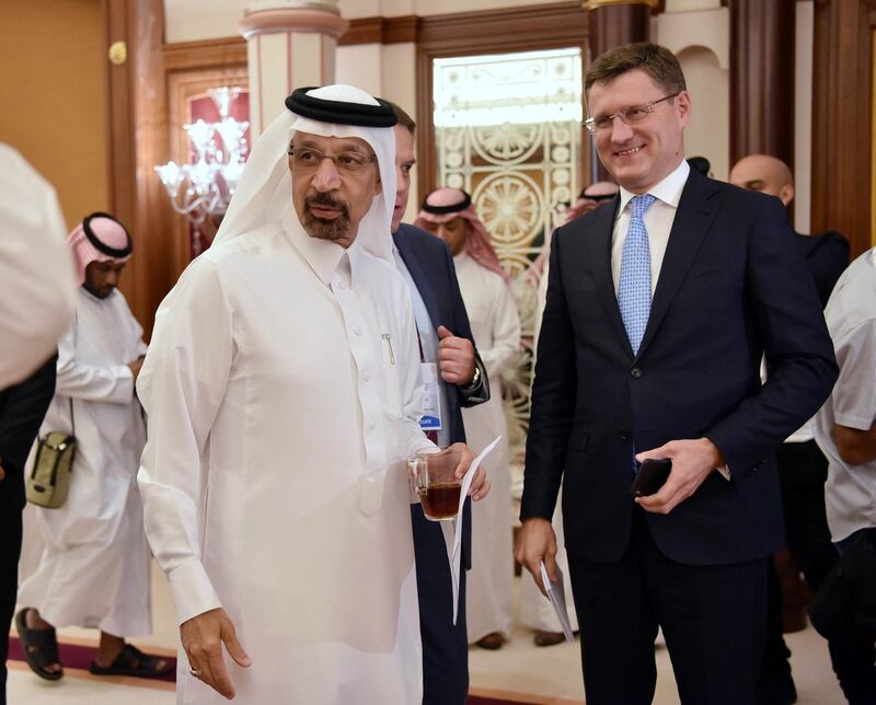 Saudi Arabian Energy Minister Khalid al-Falih, stands with Russian Energy Minister Alexander Novak after the OPEC 14th Meeting of the Joint Ministerial Monitoring Committee in Jeddah, Saudi Arabia, May 19, 2019.  REUTERS/Waleed Ali