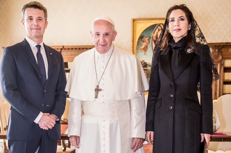 Crown Princess Mary and Crown Prince Frederik attend an audience with Pope Francis at the Vatican in 2018. EPA