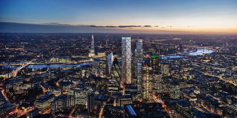 An artist's impression shows the proposed design for 1 Undershaft (centre), a new building in the City of London. Courtesy DBox for Eric Parry Architects.  