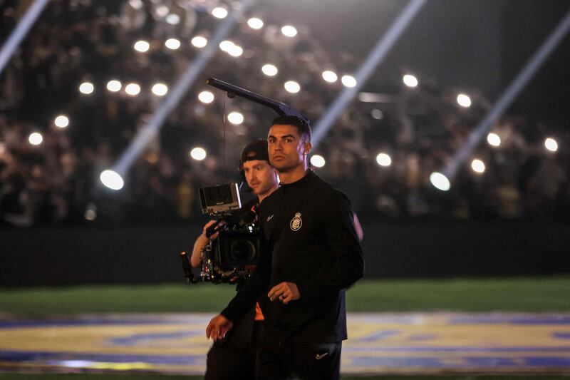 Al Nassr striker Cristiano Ronaldo is introduced to fans before the Riyadh Season Cup match against Inter Miami at Kingdom Arena in Riyadh, Saudi Arabia. AFP