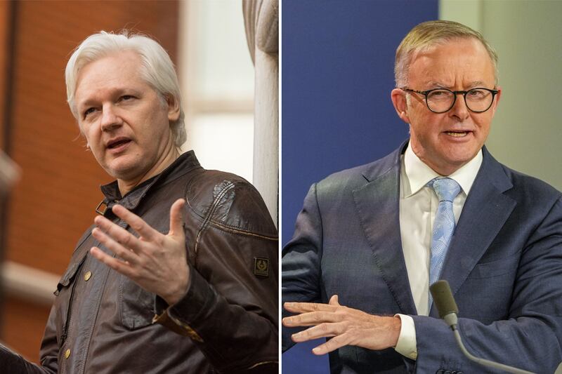 Australian Prime Minister Anthony Albanese, right, is refusing publicly to denounce the US over its Julian Assange extradition bid. PA / AP