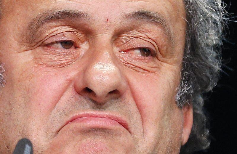 Uefa president Michel Platini grimaces during a press conference following a meeting of the UEFA board ahead of the FIFA congress in a hotel in Zurich, Switzerland. Michael Probst / AP Photo