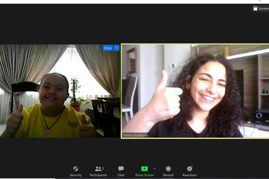 Nour El Akhdar, a Special Olympics athlete in a virtual training session with NYUAD student Salma Abdelaziz. The sessions are aimed at helping athletes with intellectual and developmental disabilities stay fit while remaingin at home during the coronavirus pandemic. Courtesy: NYU Abu Dhabi