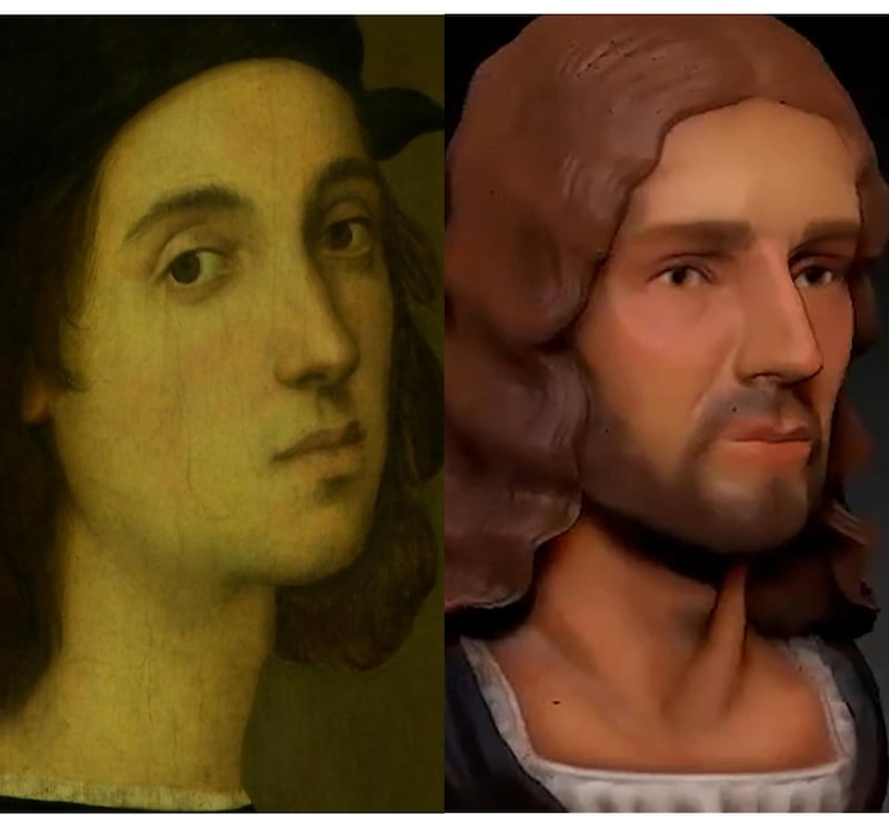 On the left is Raphael's self-portrait, which shows him in his youth with an aquiline nose. On the right is a 3D reconstruction of the artist's face, which shows that he may have altered his appearance. Reuters / Tor Vergata And Fondazione Vigam