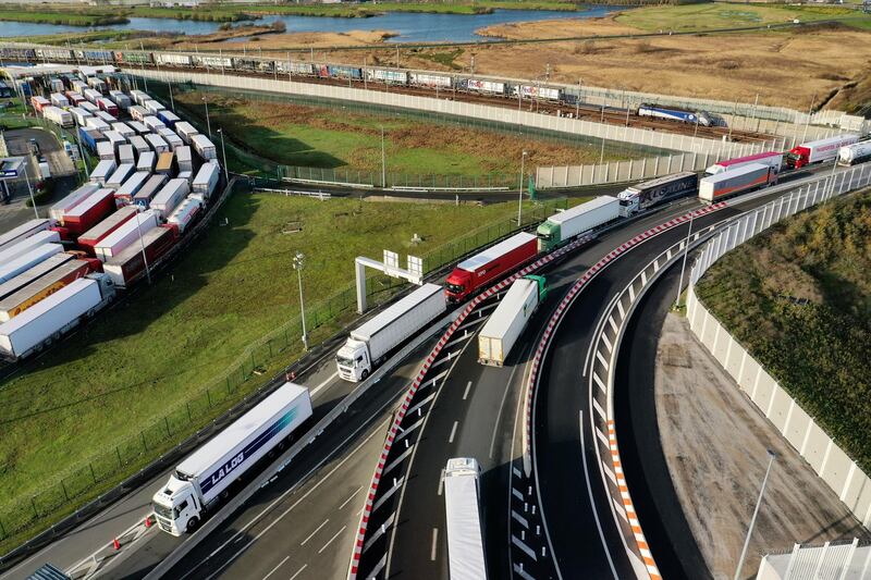 Trucks queue at the Eurotunnel terminal in Coquelles near Calais. Reuters
