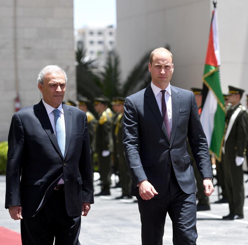 Prince William, Duke of Cambridge arrives with Palestinian Deputy Prime Minister, Ziad Abu-Amr, for a meeting with Palestinian President Mahmoud Abbas in Ramallah, West Bank.  Joe Giddens / Getty Images