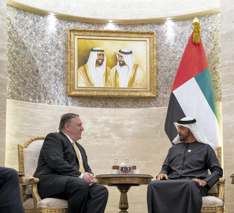 ABU DHABI, UNITED ARAB EMIRATES - January 12, 2019: HH Sheikh Mohamed bin Zayed Al Nahyan, Crown Prince of Abu Dhabi and Deputy Supreme Commander of the UAE Armed Forces (R), meets with Michael Pompeo, US Secretary of State (L), at Al Shati Palace.

( Mohamed Al Hammadi / Ministry of Presidential Affairs )
---
