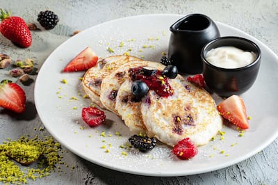 The blueberry rice pancakes on Cafe 302’s vegan menu