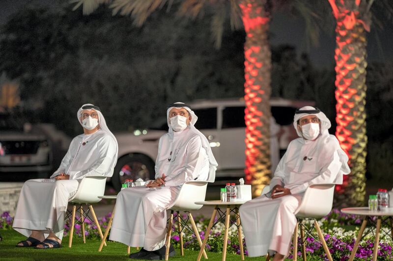 DUBAI, UNITED ARAB EMIRATES - February 09, 2021: (L-R) HE Mohamed Abdulla Al Gergawi, UAE Minister of Cabinet Affairs and the Future, HE Talal Humaid Belhoul Al Falasi, Vice President of Mohammed bin Rashid Space Centre and Hamad Obaid Al Mansoori, Director-General of the Telecommunications Regulatory Authority, witness the arrival of the Hope Probe in the orbit of Mars, at Mohammed Bin Rashid Space Centre.

( Ismaeel Al Zaher / Ministry of Presidential Affairs )
---