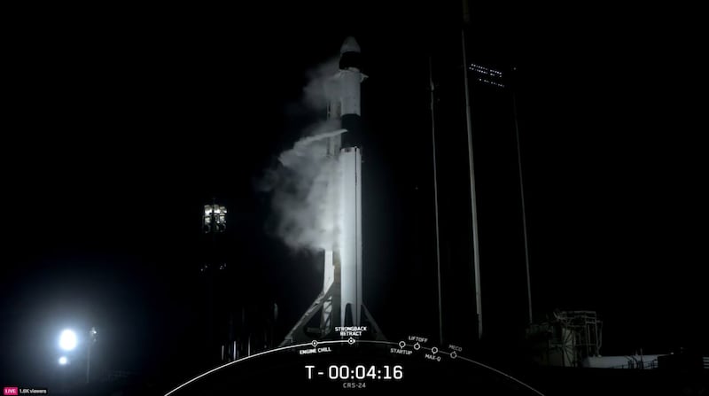 A screengrab showing Falcon 9’s launch of its 24th Commercial Resupply Services (CRS-24) mission, carrying a UAE-Bahraini miniature satellite to the International Space Station from the Kennedy Space Center in Florida, December 21, 2021. All photos by SpaceX