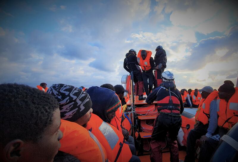 Migrants during a rescue operation by the Ocean Viking off the coast of Libya in February 2020. Reuters