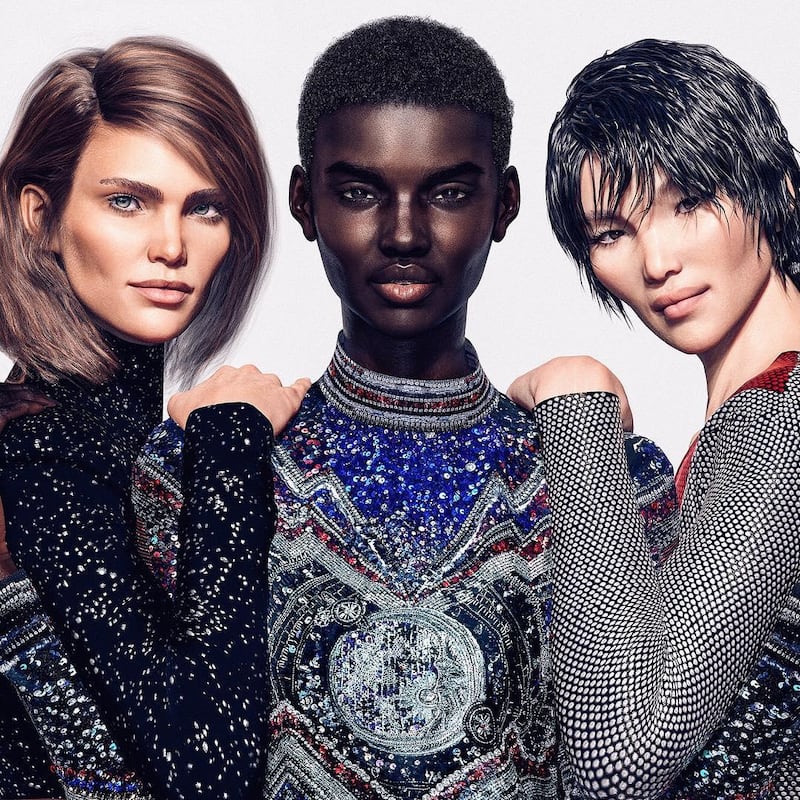 CGI models Margot, Shudu and Zhi in a campaign for luxury label Balmain. Courtesy Balmain