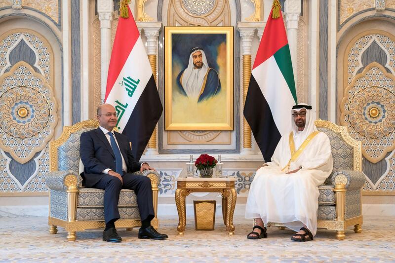 ABU DHABI, UNITED ARAB EMIRATES - November 12, 2018: HH Sheikh Mohamed bin Zayed Al Nahyan Crown Prince of Abu Dhabi Deputy Supreme Commander of the UAE Armed Forces (R), meets with HE Dr Barham Salih, President of Iraq (L), at the Presidential Palace.

( Hamad Al Kaabi / Ministry of Presidential Affairs )?
---
