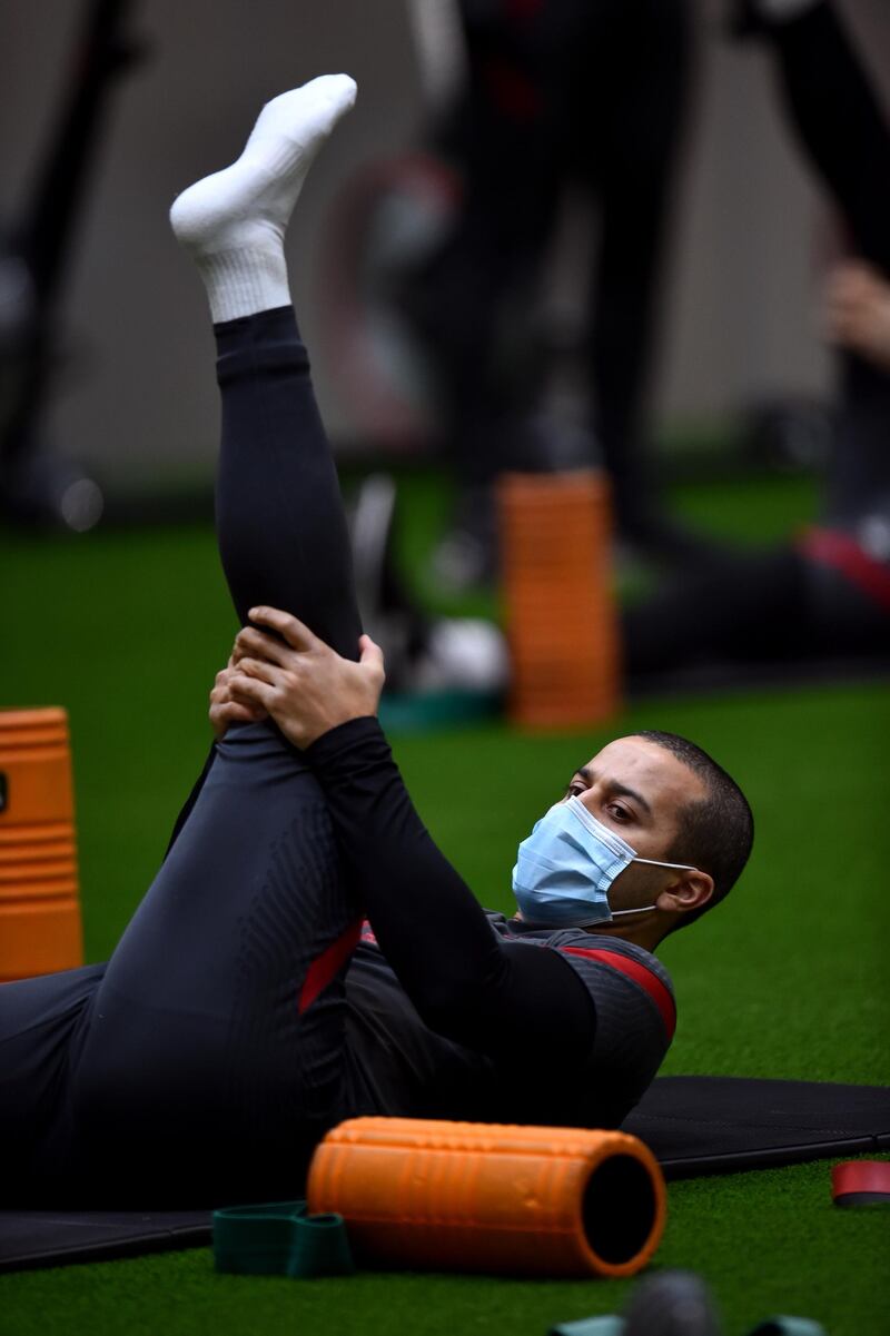 KIRKBY, ENGLAND - JANUARY 13: (THE SUN OUT, THE SUN ON SUNDAY OUT) Thiago Alcantara of Liverpool during a training session at AXA Training Centre on January 13, 2021 in Kirkby, England. (Photo by Andrew Powell/Liverpool FC via Getty Images)
