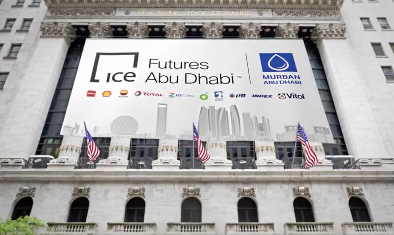 A banner outside the New York Stock Exchange advertises the launch of ICE Futures Abu Dhabi. Image: Twitter