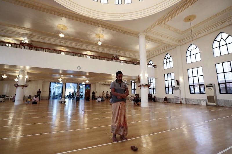 Dubai, United Arab Emirates - May 16, 2019: People pray. Mosque series for Ramdan. Lootah Masjid Mosque is an old mosque in Deira. Thursday the 16th of May 2019. Deira, Dubai. Chris Whiteoak / The National