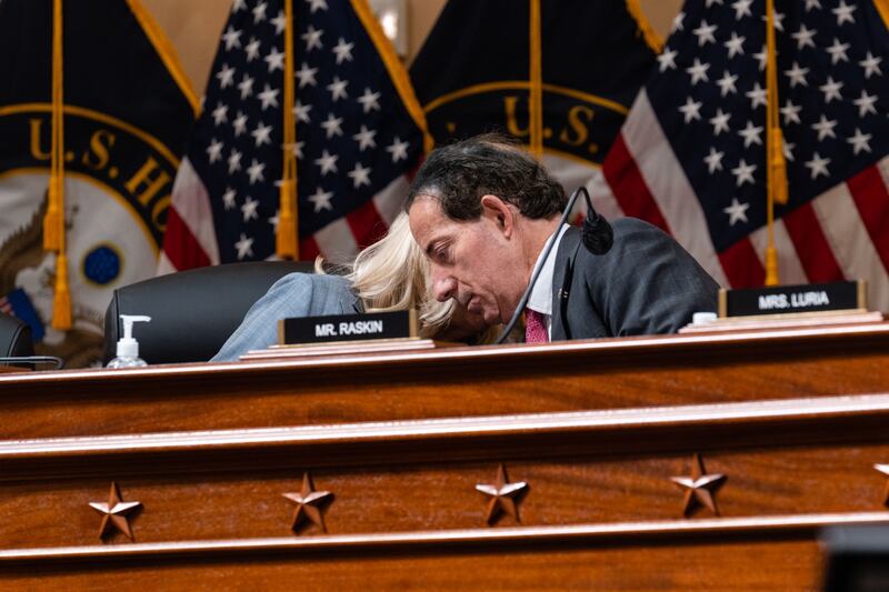 Jamie Raskin and Liz Cheney in discussion. The committee has bene set up to investigate what was behind more than 2,000 supporters of Donald Trump storming the Capitol Building in Washington. Bloomberg