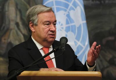 epa06826562 United Nations Secretary General Antonio Guterres attends a press conference after his meeting with Russian Foreign Minister Sergei Lavrov    in Moscow, Russia, 21 June 2018. Reports state that Antonio Guterres is in Russia for talks including the situation in Syria.  EPA/YURI KOCHETKOV