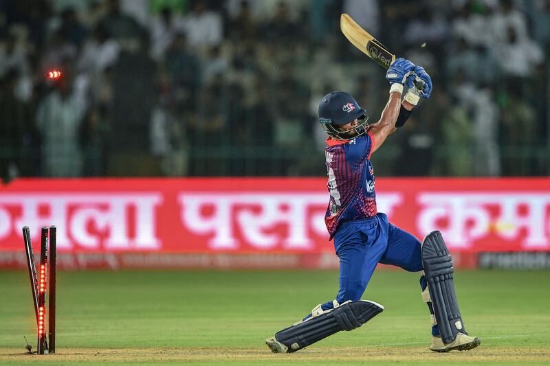 Nepal's Aarif Sheikh is clean bowled by Pakistan's Haris Rauf during the Asia Cup match on Wednesday. AFP