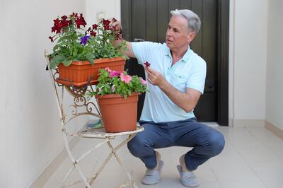 DUBAI , UNITED ARAB EMIRATES , December 19 – 2020 :- Michael O'Riordan converted wrought iron chair into flower pot stand at his villa in Al Reem, Mira 4 in Dubai. He bought some furniture items from junk shop and some from his friends and repainted and placed outside his villa and in the garden. ( Pawan Singh / The National ) For Lifestyle/Online/Instagram.