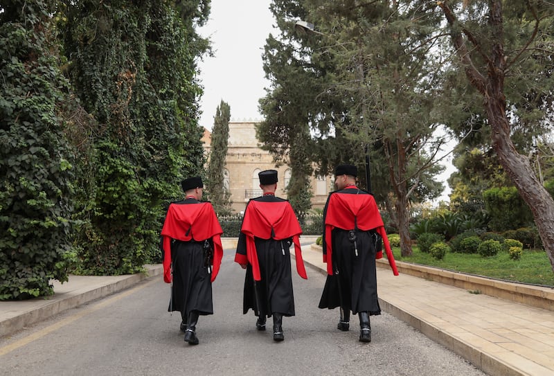 Displaced from the Caucasus in 1864, Circassians were among the first to settle in the Jordanian capital Amma 
Members of the Circassian honour guards walk at the royal court in Amman
    