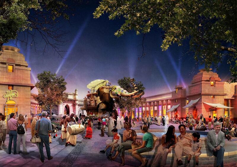 Renderings of India Gate in Riverpark, a dining and entertainment district that is part of the 25 million square foot Dubai Parks & Resorts theme park scheduled to open in October of 2016. Courtesy Dubai Parks and Resorts