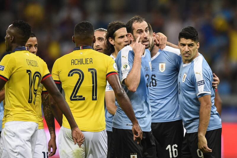 Diego Godin and Luis Suarez of Uruguay gesture during the Copa America Brazil 2019 Group C match between Uruguay and Ecuador at Mineirao Stadium.  Getty Images