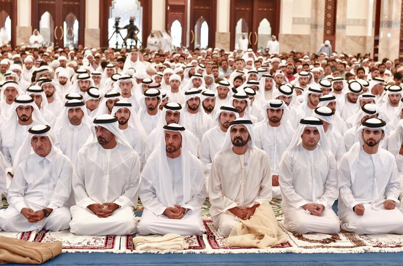 DUBAI, 15th June, 2018 (WAM) -- His Highness Sheikh Mohammed bin Rashid Al Maktoum, the Vice President, Prime Minister and Ruler of Dubai, this morning performed the Eid al-Fitr prayer at Zabeel Mosque.

Performing the prayer alongside His Highness Sheikh Mohammed were H.H. Sheikh Hamdan bin Mohammed bin Rashid Al Maktoum, Crown Prince of Dubai, H.H. Sheikh Hamdan bin Rashid Al Maktoum, Deputy Ruler of Dubai and UAE Minister of Finance, H.H. Sheikh Ahmed bin Saeed Al Maktoum, Chairman of Dubai Civil Aviation Authority and Chief Executive of Emirates Group H.H. Sheikh Ahmed bin Mohammed bin Rashid Al Maktoum, Chairman of Mohammed bin Rashid Al Maktoum Knowledge Foundation, a number of Sheikhs, officials and a group of worshipers. Wam