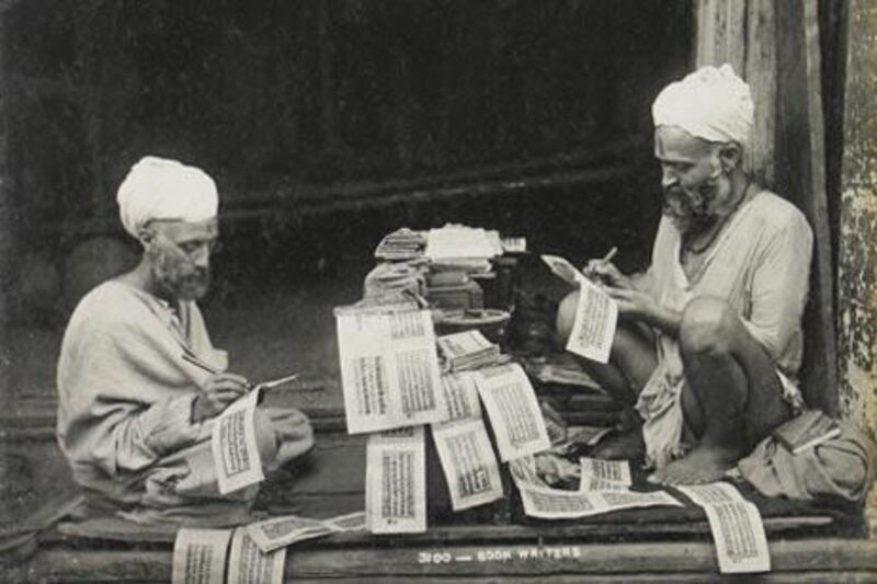 Book writers in Kashmir, circa 1900, by an unknown photographer.