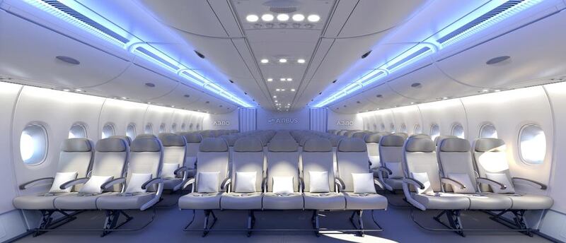 The A380 economy class cabin in a 3-5-3 seating arrangement. Courtesy Airbus