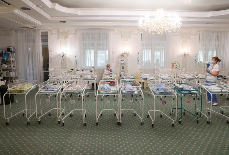 A view shows nurses and newborns in the Hotel Venice owned by BioTexCom clinic in Kiev, Ukraine.  Reuters