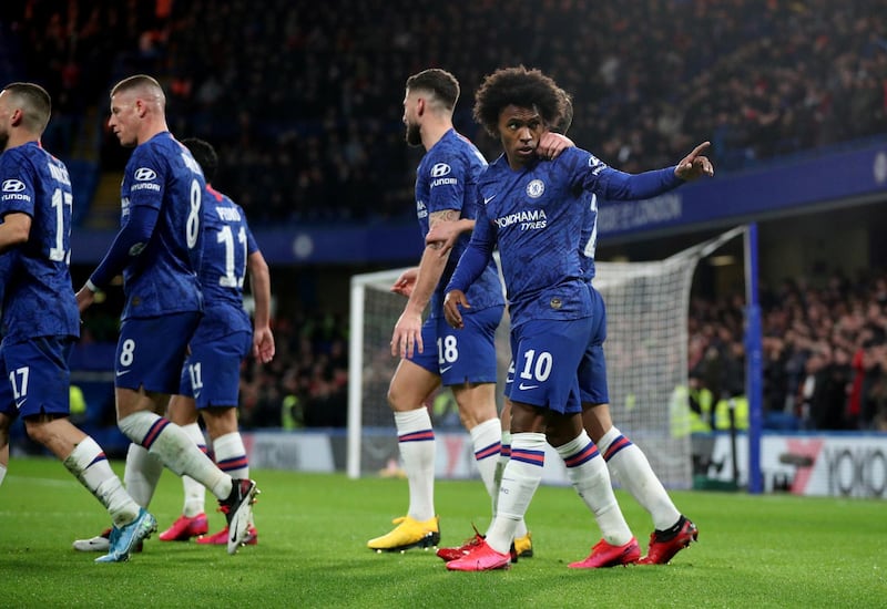 Willian celebrates scoring against Liverpool in the FA Cup. Reuters