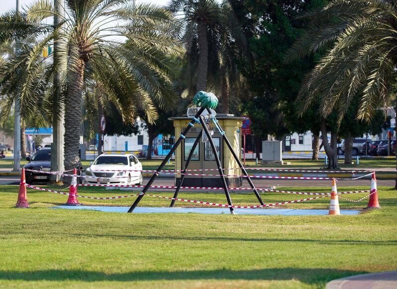 Abu Dhabi, United Arab Emirates, November 2, 2020.   A cordoned off swing along the Corniche for Covid-19 precautionary measures.
Victor Besa/The National
Section:  NA
For:  Standalone/Stock/Weather