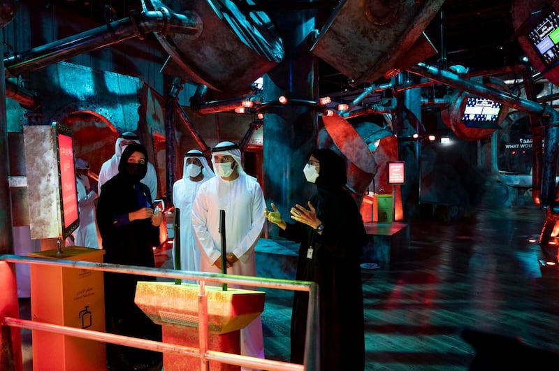 Sheikh Hamdan bin Mohammed touring Terra - the Sustainability Pavilion at the Expo 2020 site. Courtesy, WAM