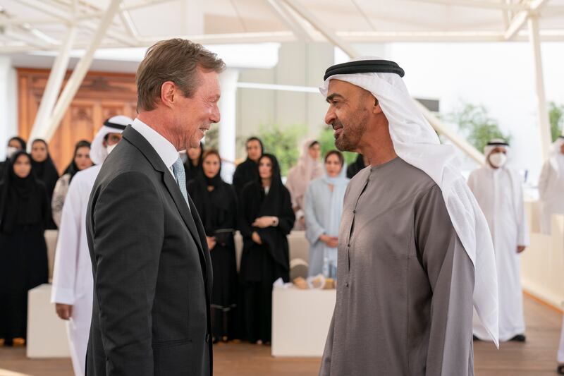 Sheikh Mohamed bin Zayed, Crown Prince of Abu Dhabi and Deputy Supreme Commander of the Armed Forces, receives Grand Duke Henri of Luxembourg during a Sea Palace barza. All photos: Eissa Al Hammadi for the Ministry of Presidential Affairs