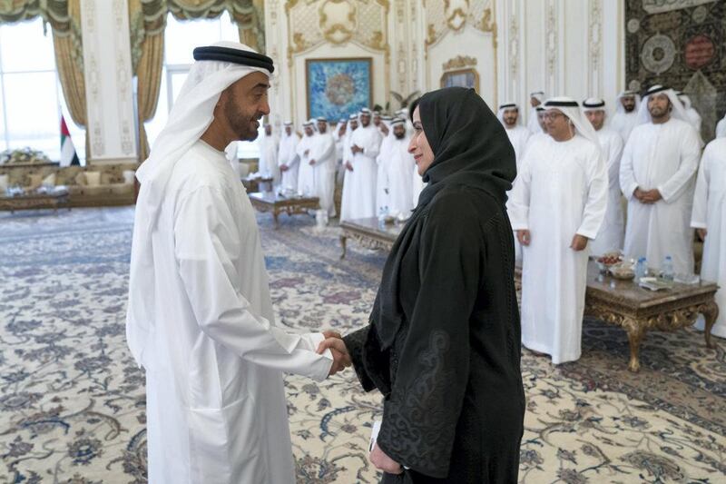 ABU DHABI, UNITED ARAB EMIRATES - October 09, 2017: HH Sheikh Mohamed bin Zayed Al Nahyan, Crown Prince of Abu Dhabi and Deputy Supreme Commander of the UAE Armed Forces (L) receives HE Jameela Salem Al Muhairi, UAE Minister of State for Public Education Affairs (R), and engineers working on the development of educational facilities, during a Sea Palace barza. 

( Hamad Al Kaabi / Crown Prince Court - Abu Dhabi )
—