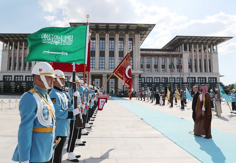 Turkey's President Recep Tayyip Erdogan (2ndR) welcoming Crown Prince of Saudi Arabia Mohammed bin Salman (R) during an official ceremony at the Presidential Complex in Ankara.  AFP