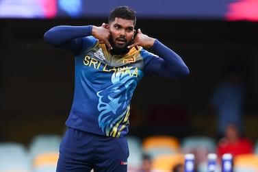 Sri Lanka's bowler Wanindu Hasaranga reacts after taking the wicket off Afghanistan's Mujeeb Ur Rahman during the T20 World Cup cricket match between Afghanistan and Sri Lanka, in Brisbane, Australia, Tuesday, Nov.  1, 2022.  (AP Photo / Tertius Pickard)