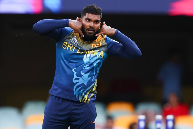 Sri Lanka bowler Wanindu Hasaranga celebrates after taking the wicket off Afghanistan's Mujeeb Ur Rahman. AP