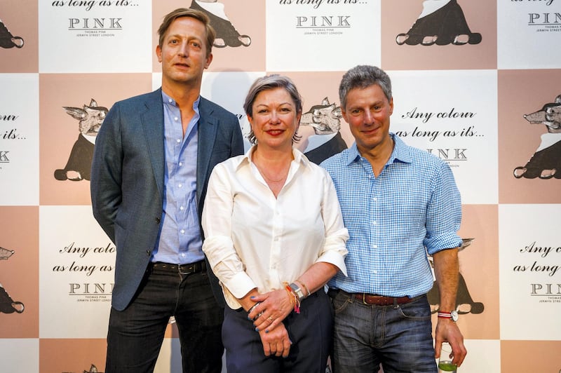 LONDON, ENGLAND - JUNE 13:  (L-R) Frederick Willems, Head of Design, Florence Torrens, Creative Director and Jonathan Heilbron, President and CEO of Thomas Pink, attend British brand Thomas Pink's Spring/Summer 2016 collection presentation at the Institute Of Contemporary Arts (ICA) as part of London Collections Men SS16 on June 13, 2015 in London, England. Presented against a botanical backdrop, inspired by Peter Schlesinger's 1970 photograph of David Hockney and Cecil Beaton, the collection celebrated Britain's charming and off-beat character. Photo by Tristan Fewings/Getty Images for Thomas Pink)  (Photo by Tristan Fewings/Getty Images for Thomas Pink)