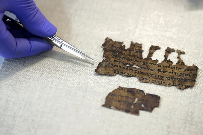 Fragments from the Dead Sea Scrolls that underwent genetic sampling to shed light on the 2,000-year-old biblical trove are shown to Reuters at the Israel Antiquities Authority (IAA) laboratory in Jerusalem June 2, 2020. REUTERS/Ronen Zvulun