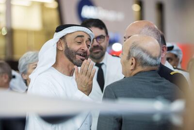 Dubai, United Arab Emirates- HH Sheikh Mohammed bin Zayed Al Nahyan crown pince of Abu Dhabi visiting one of the stand  at the Dubai Airshow 2019 at Maktoum Airport.  Leslie Pableo for the National