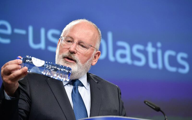 European Commissiom First Vice-President Frans Timmermans gives a joint press with his Vice-President on legislative measures to fight against single-use plastic waste at the EU headquarters in Brussels on May 28, 2018.  / AFP / JOHN THYS
